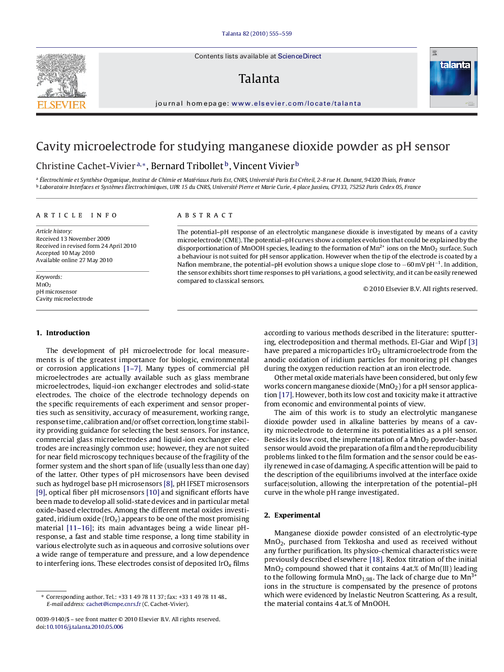 Cavity microelectrode for studying manganese dioxide powder as pH sensor