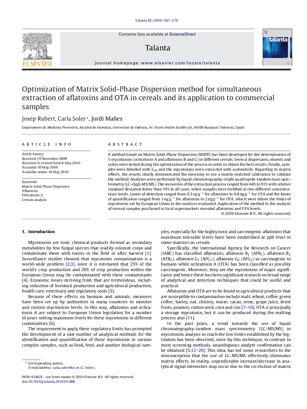 Optimization of Matrix Solid-Phase Dispersion method for simultaneous extraction of aflatoxins and OTA in cereals and its application to commercial samples