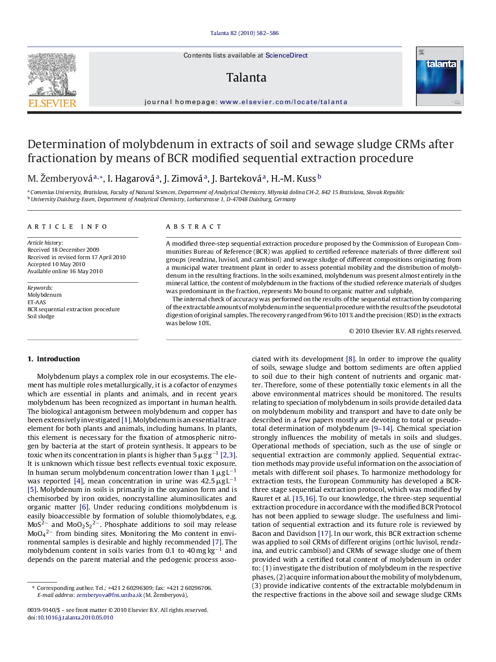 Determination of molybdenum in extracts of soil and sewage sludge CRMs after fractionation by means of BCR modified sequential extraction procedure