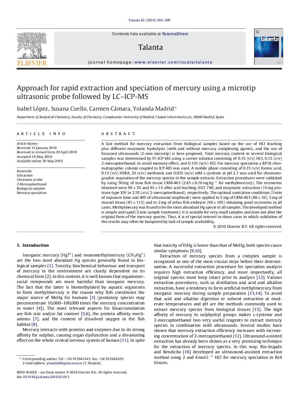 Approach for rapid extraction and speciation of mercury using a microtip ultrasonic probe followed by LC–ICP-MS