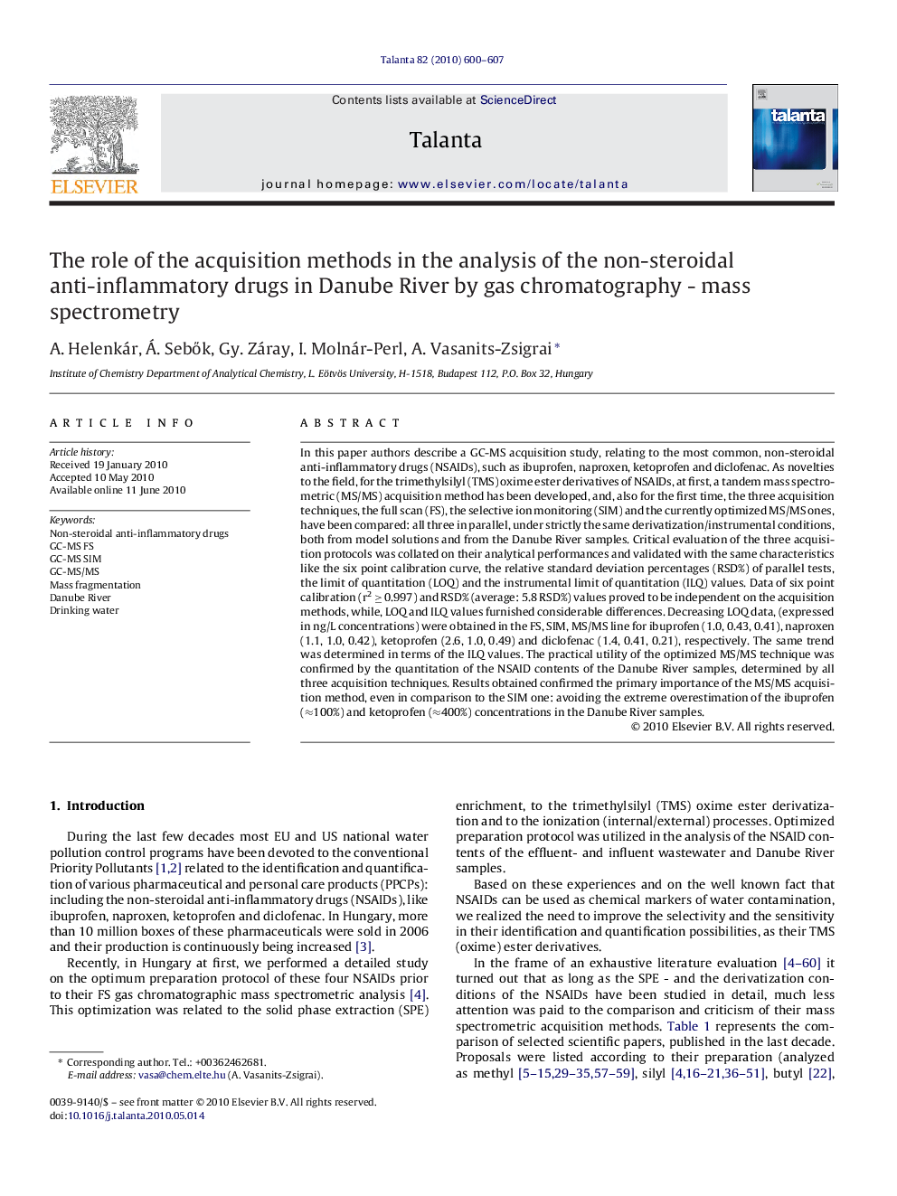 The role of the acquisition methods in the analysis of the non-steroidal anti-inflammatory drugs in Danube River by gas chromatography - mass spectrometry