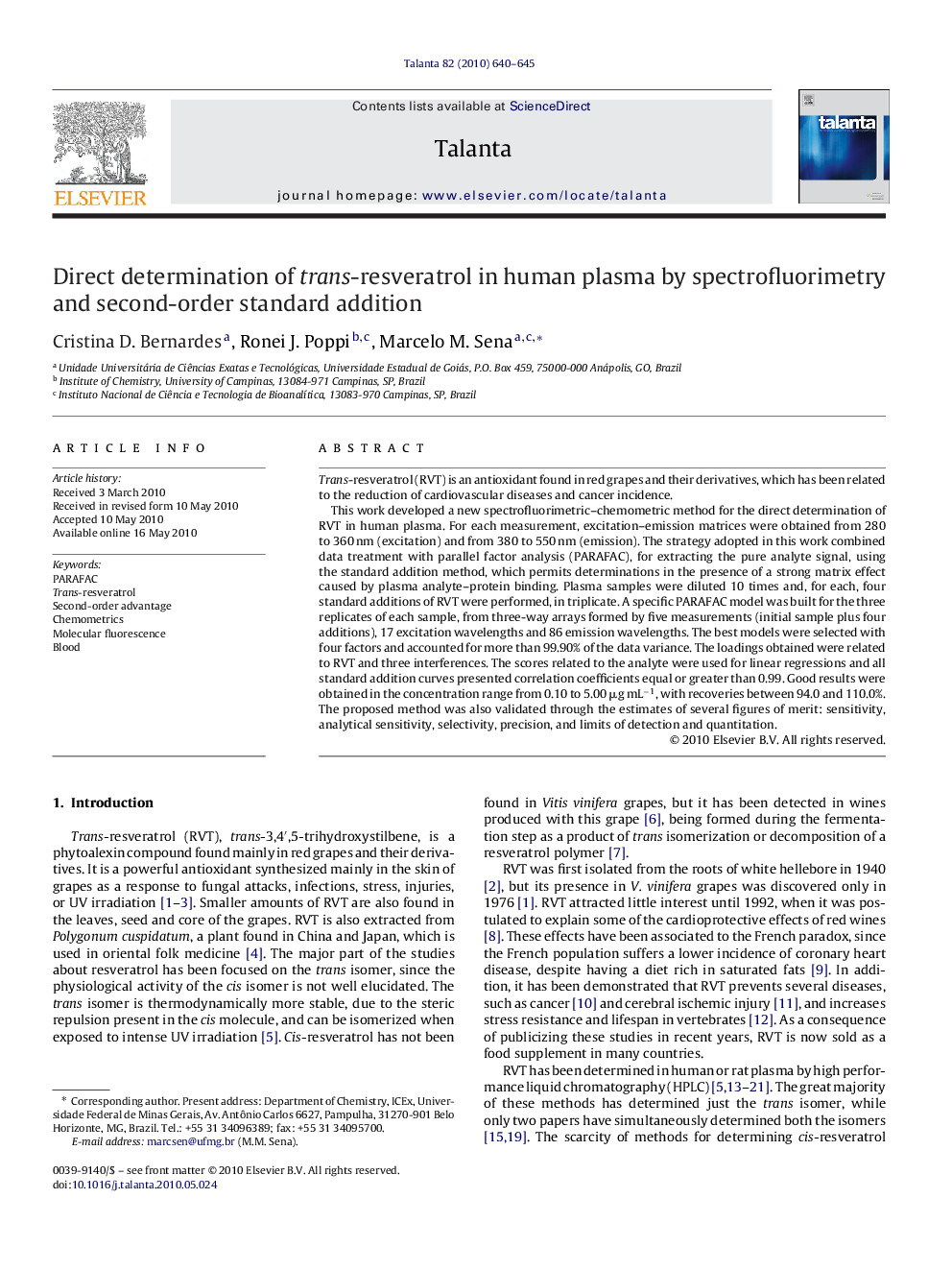 Direct determination of trans-resveratrol in human plasma by spectrofluorimetry and second-order standard addition