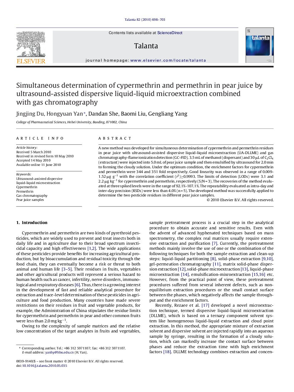 Simultaneous determination of cypermethrin and permethrin in pear juice by ultrasound-assisted dispersive liquid-liquid microextraction combined with gas chromatography