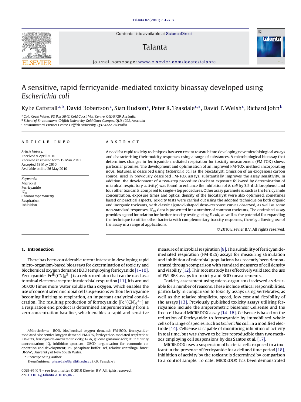 A sensitive, rapid ferricyanide-mediated toxicity bioassay developed using Escherichia coli