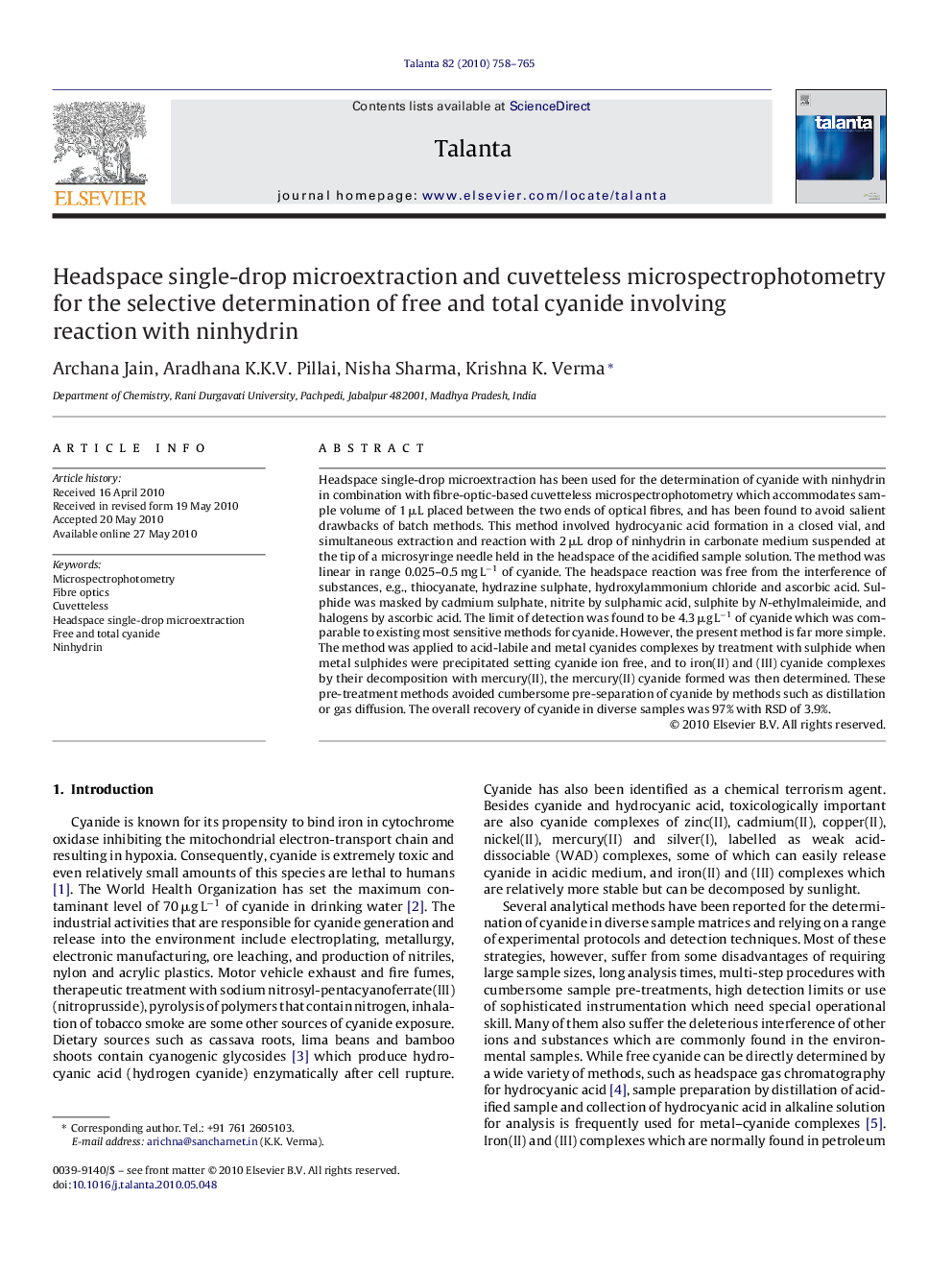 Headspace single-drop microextraction and cuvetteless microspectrophotometry for the selective determination of free and total cyanide involving reaction with ninhydrin