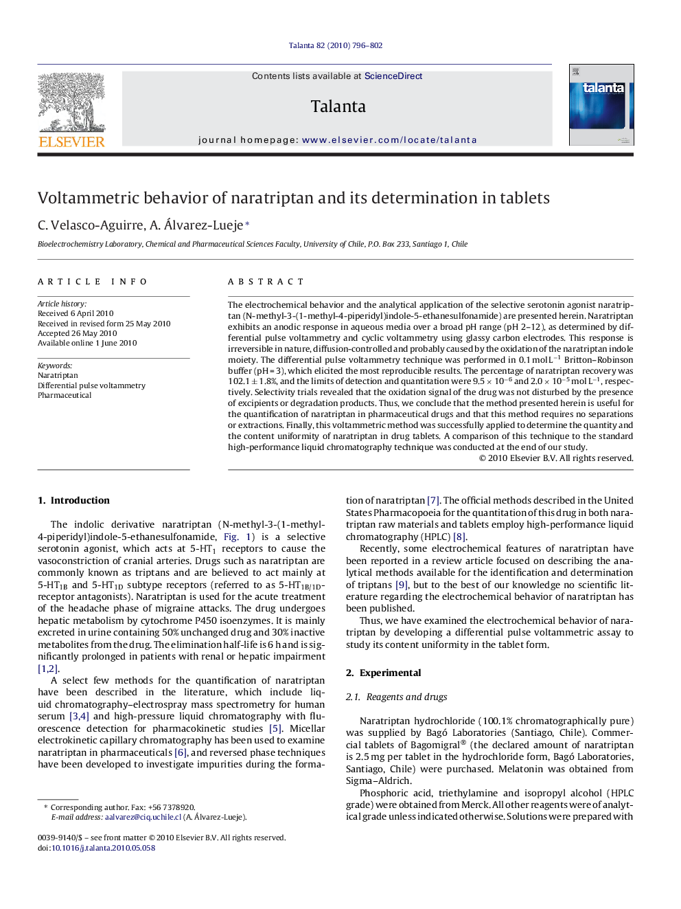 Voltammetric behavior of naratriptan and its determination in tablets