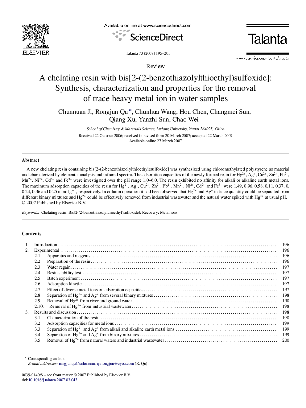 A chelating resin with bis[2-(2-benzothiazolylthioethyl)sulfoxide]: Synthesis, characterization and properties for the removal of trace heavy metal ion in water samples