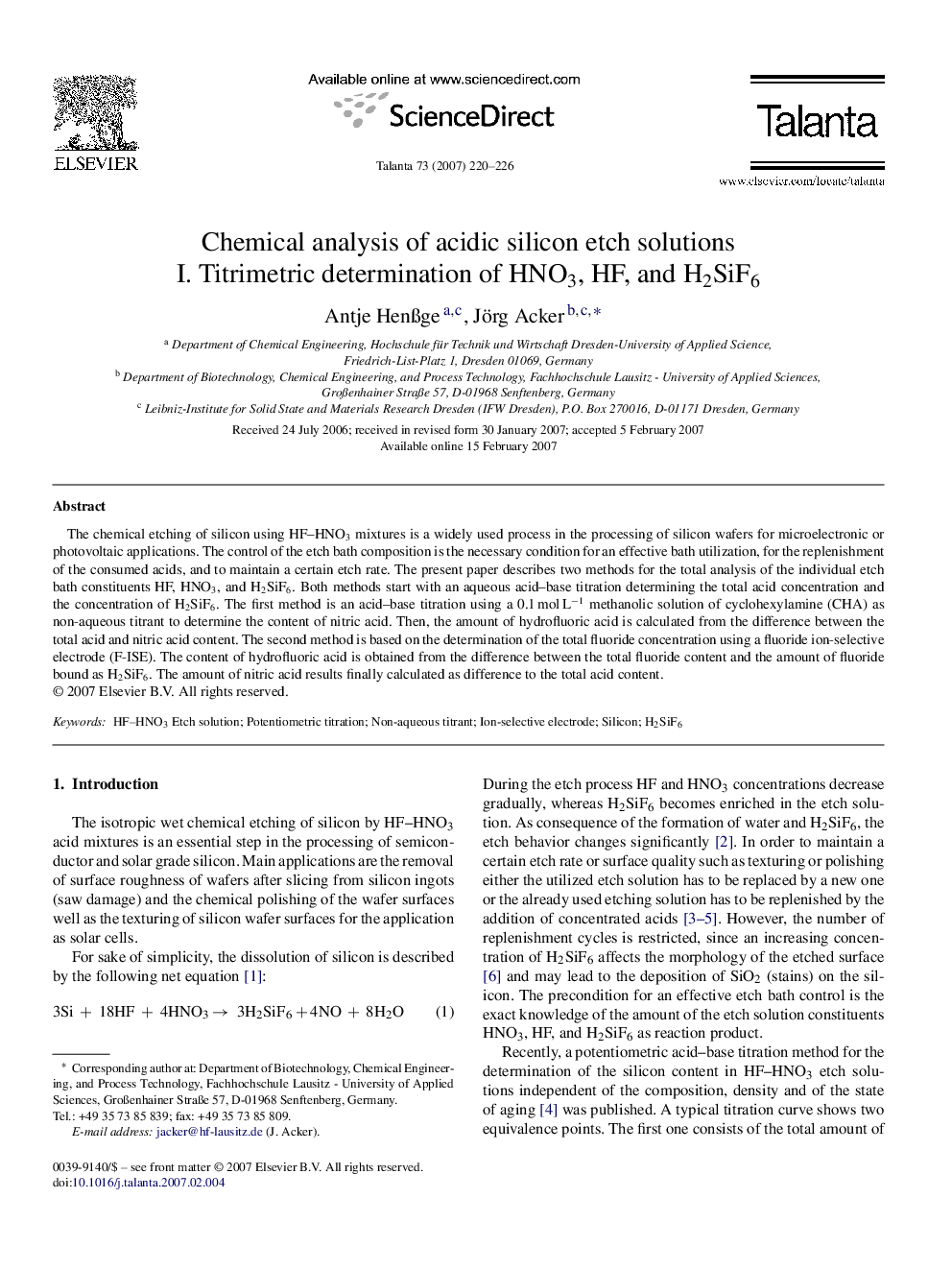 Chemical analysis of acidic silicon etch solutions: I. Titrimetric determination of HNO3, HF, and H2SiF6