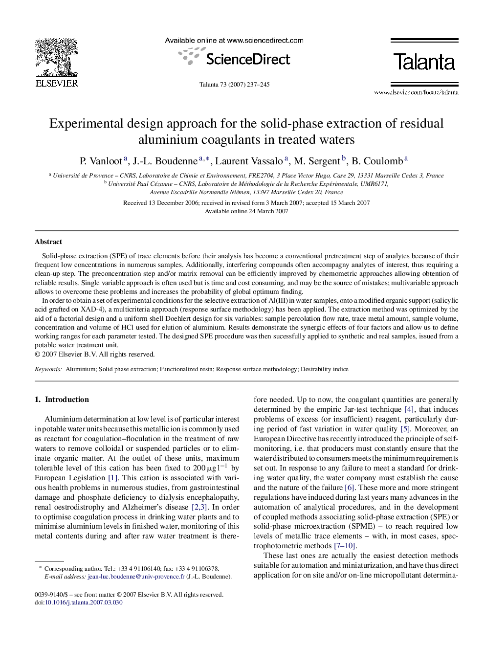 Experimental design approach for the solid-phase extraction of residual aluminium coagulants in treated waters