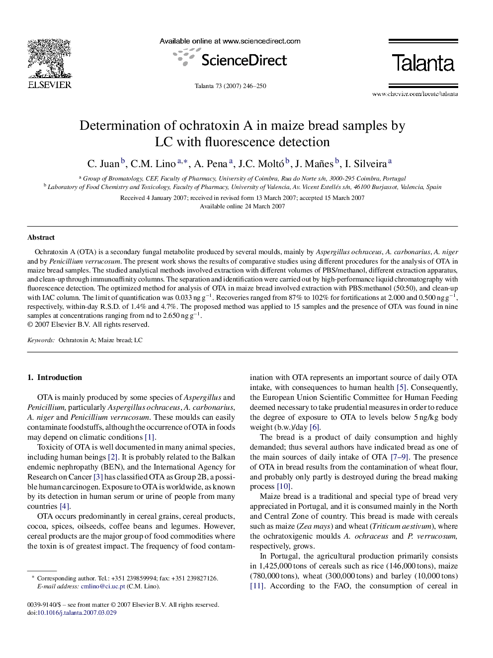 Determination of ochratoxin A in maize bread samples by LC with fluorescence detection