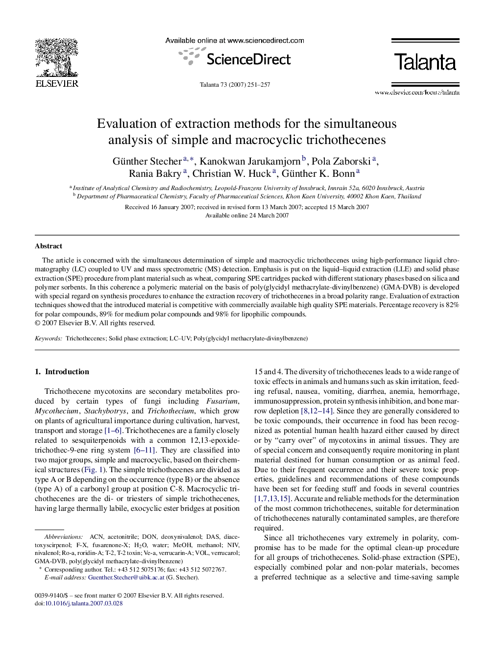 Evaluation of extraction methods for the simultaneous analysis of simple and macrocyclic trichothecenes