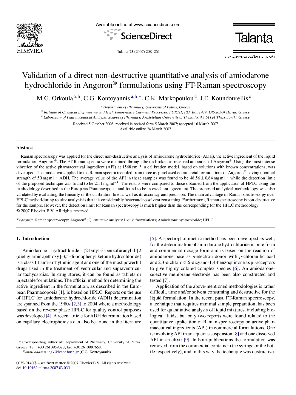 Validation of a direct non-destructive quantitative analysis of amiodarone hydrochloride in Angoron® formulations using FT-Raman spectroscopy