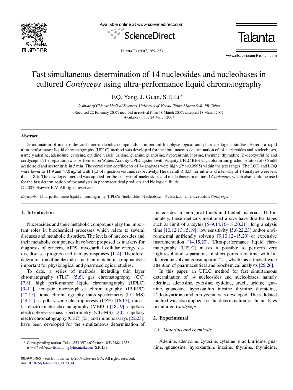 Fast simultaneous determination of 14 nucleosides and nucleobases in cultured Cordyceps using ultra-performance liquid chromatography