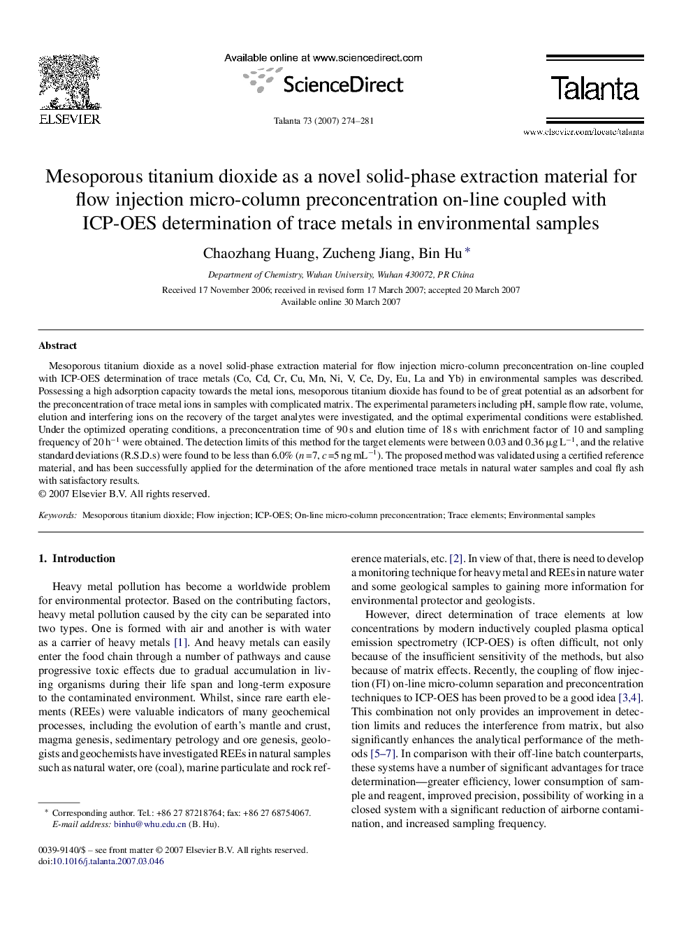 Mesoporous titanium dioxide as a novel solid-phase extraction material for flow injection micro-column preconcentration on-line coupled with ICP-OES determination of trace metals in environmental samples