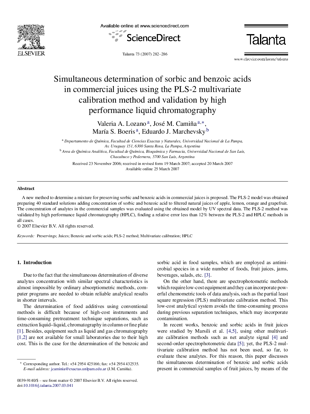 Simultaneous determination of sorbic and benzoic acids in commercial juices using the PLS-2 multivariate calibration method and validation by high performance liquid chromatography