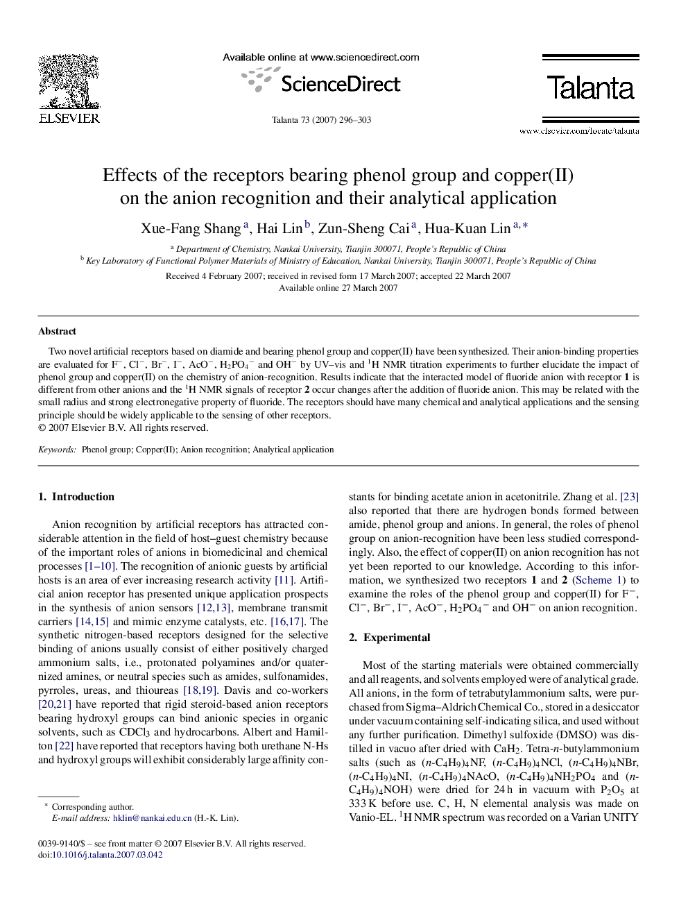 Effects of the receptors bearing phenol group and copper(II) on the anion recognition and their analytical application