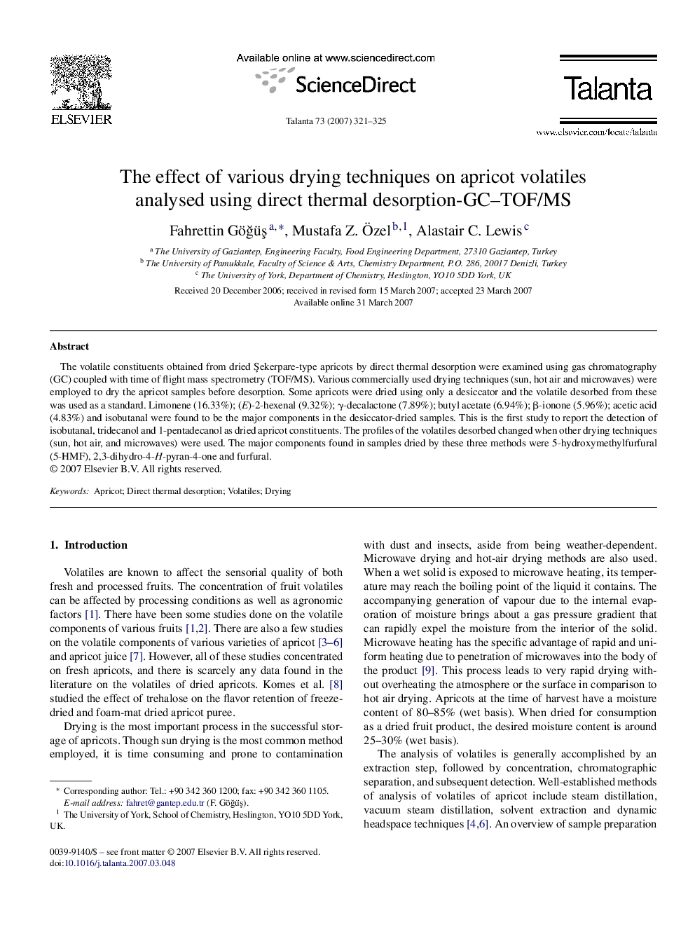 The effect of various drying techniques on apricot volatiles analysed using direct thermal desorption-GC–TOF/MS