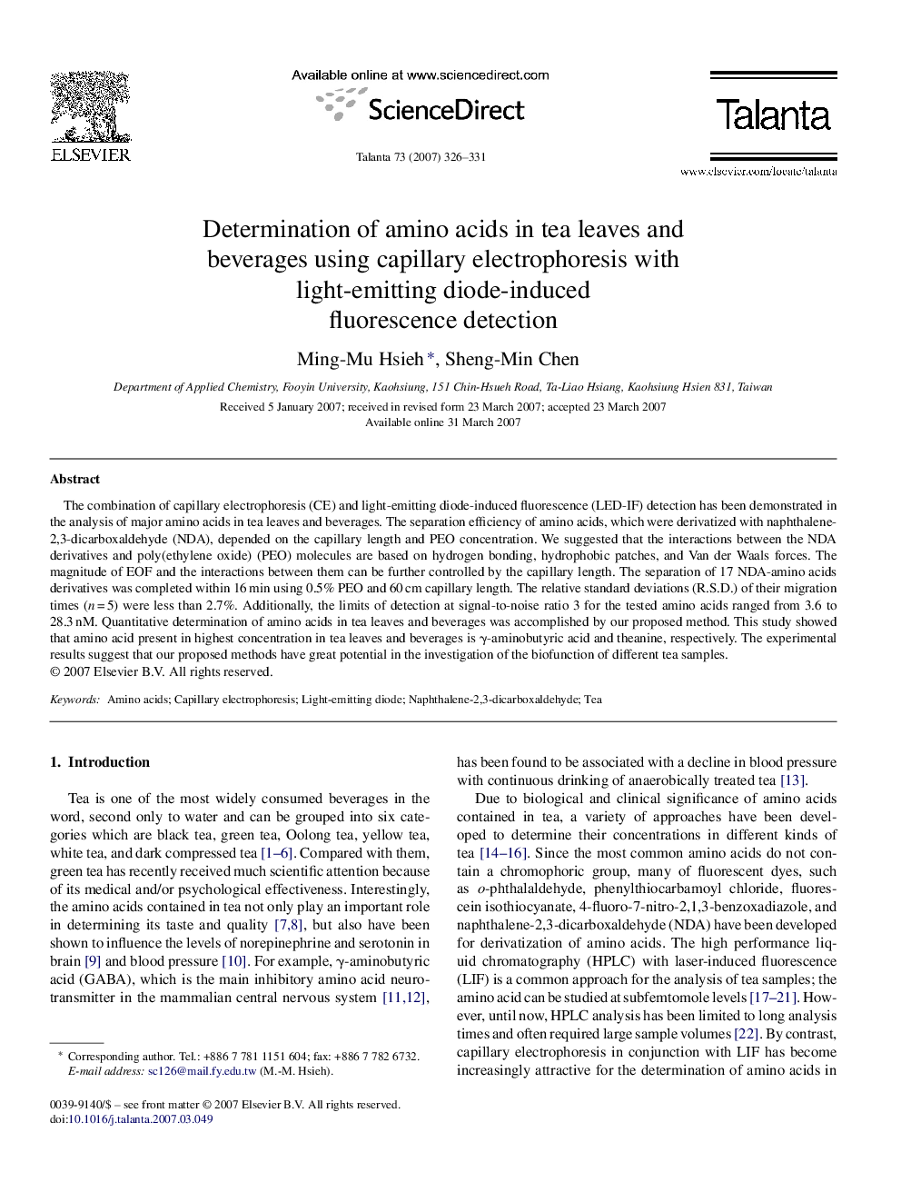 Determination of amino acids in tea leaves and beverages using capillary electrophoresis with light-emitting diode-induced fluorescence detection