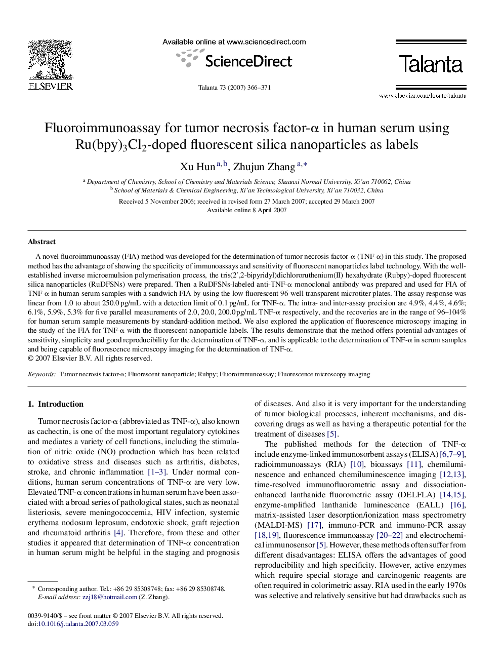 Fluoroimmunoassay for tumor necrosis factor-α in human serum using Ru(bpy)3Cl2-doped fluorescent silica nanoparticles as labels