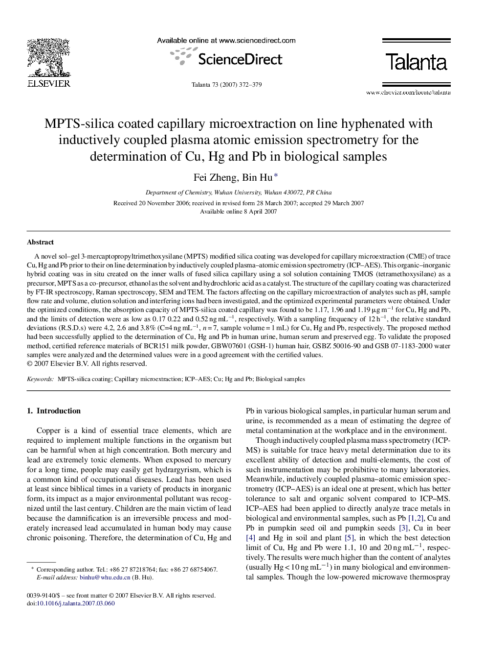 MPTS-silica coated capillary microextraction on line hyphenated with inductively coupled plasma atomic emission spectrometry for the determination of Cu, Hg and Pb in biological samples