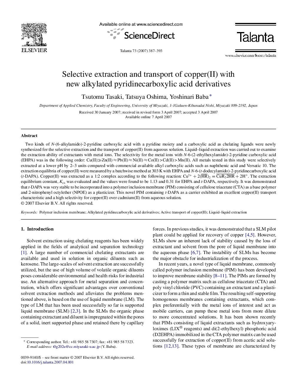 Selective extraction and transport of copper(II) with new alkylated pyridinecarboxylic acid derivatives