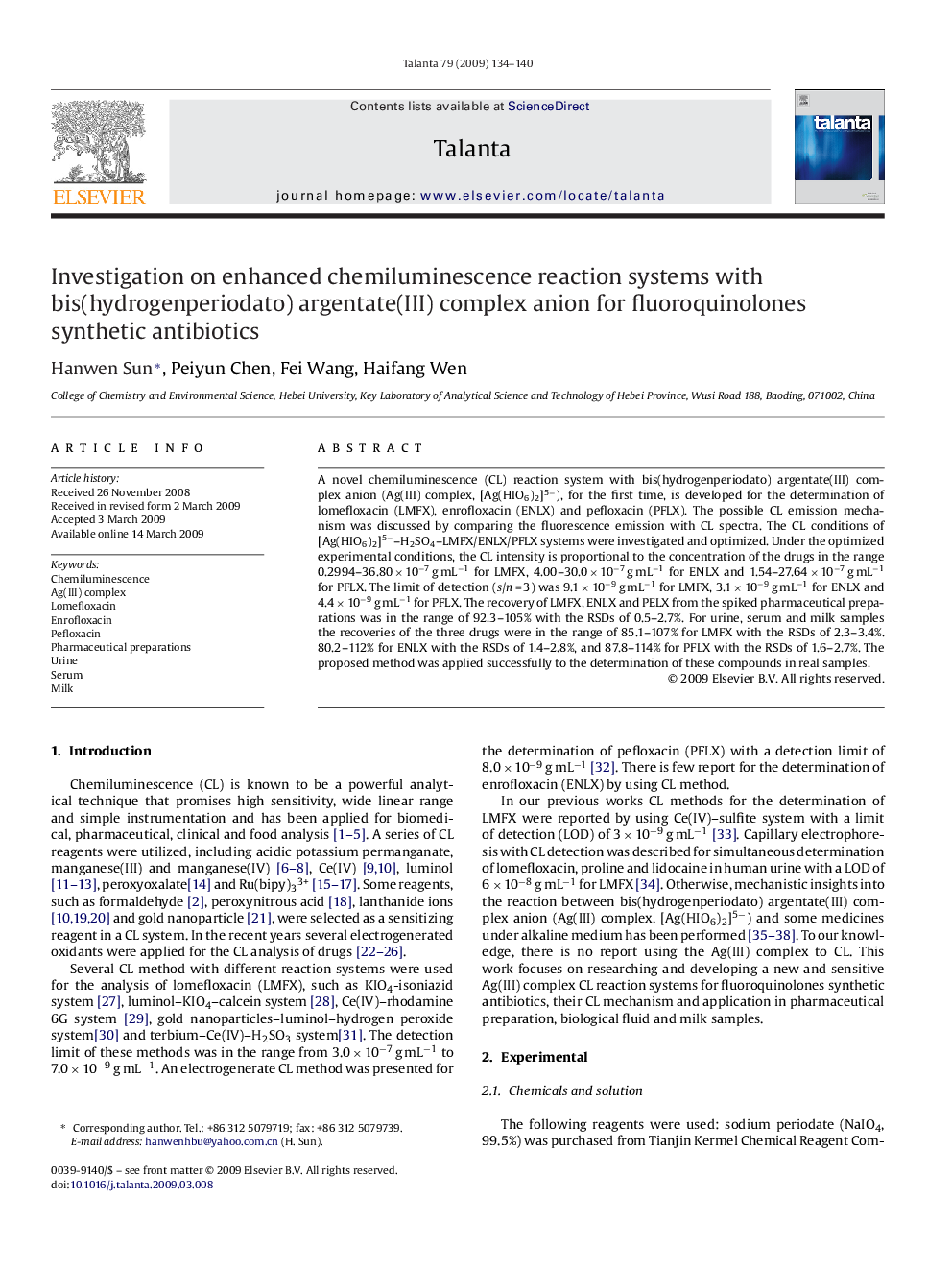 Investigation on enhanced chemiluminescence reaction systems with bis(hydrogenperiodato) argentate(III) complex anion for fluoroquinolones synthetic antibiotics