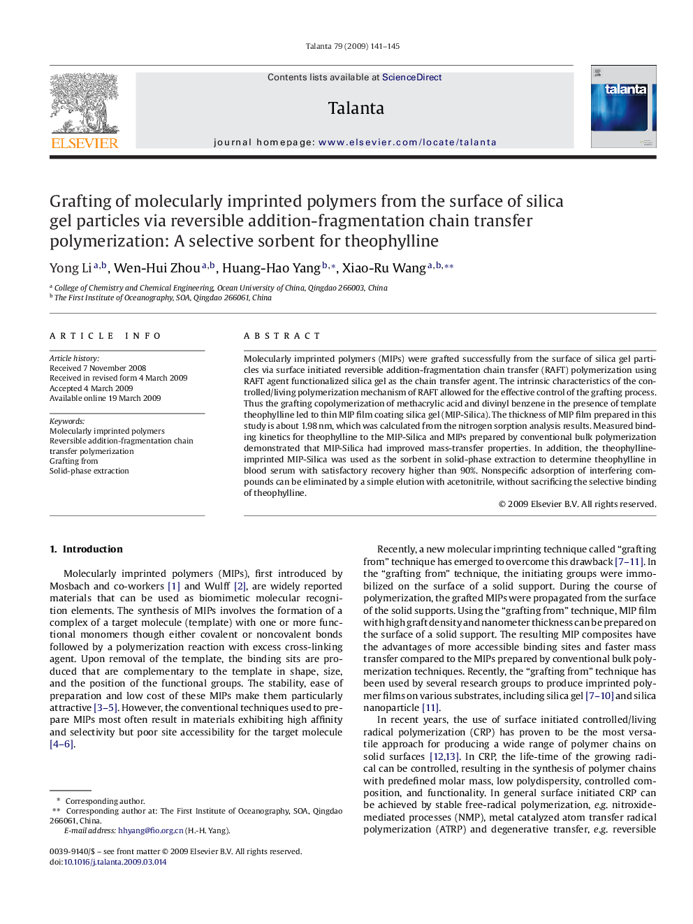 Grafting of molecularly imprinted polymers from the surface of silica gel particles via reversible addition-fragmentation chain transfer polymerization: A selective sorbent for theophylline