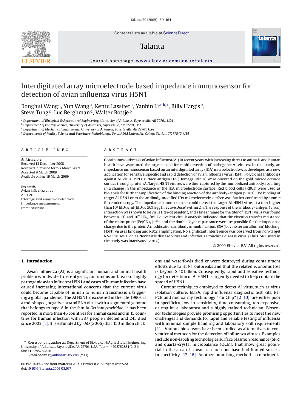 Interdigitated array microelectrode based impedance immunosensor for detection of avian influenza virus H5N1