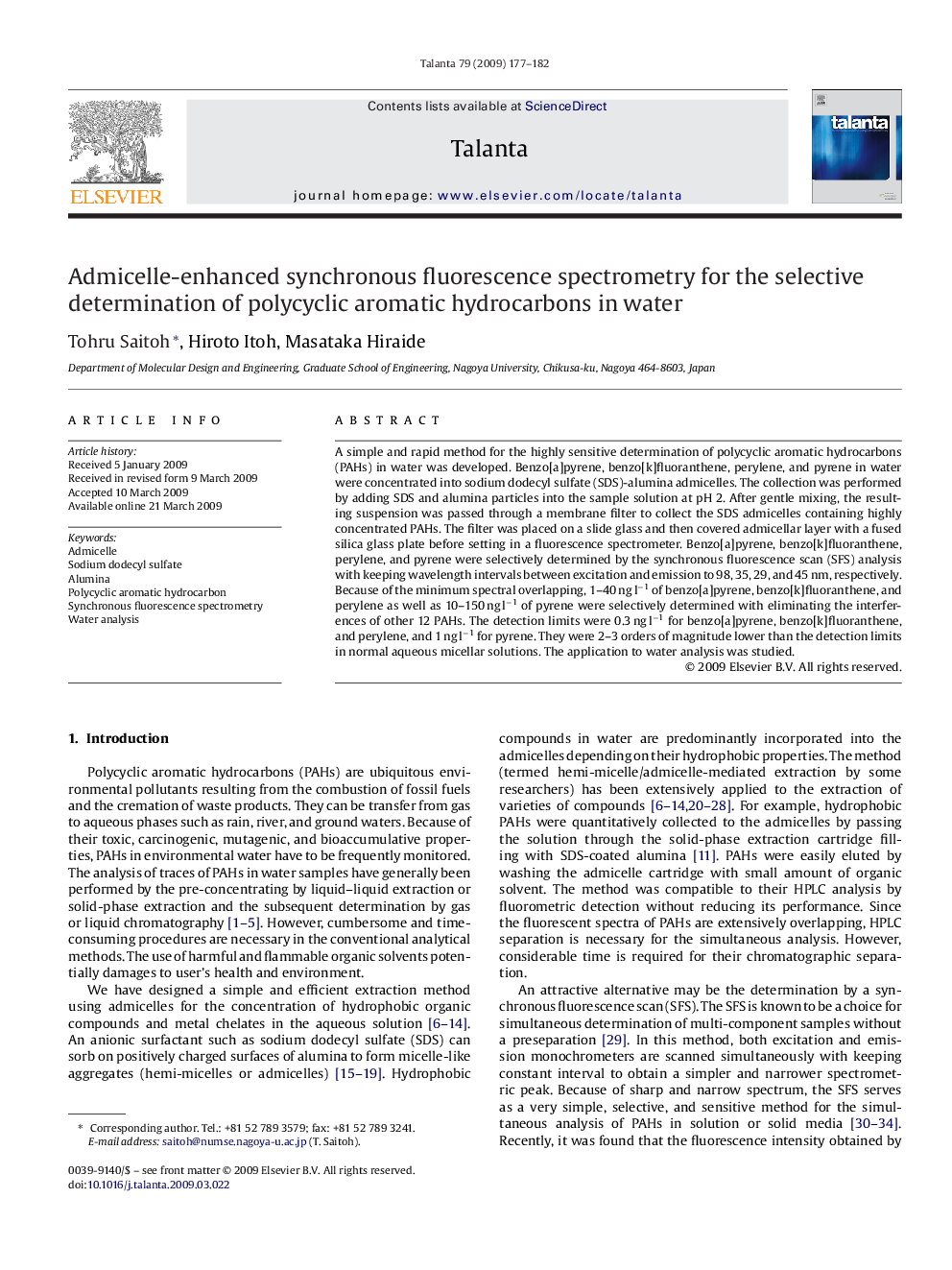 Admicelle-enhanced synchronous fluorescence spectrometry for the selective determination of polycyclic aromatic hydrocarbons in water