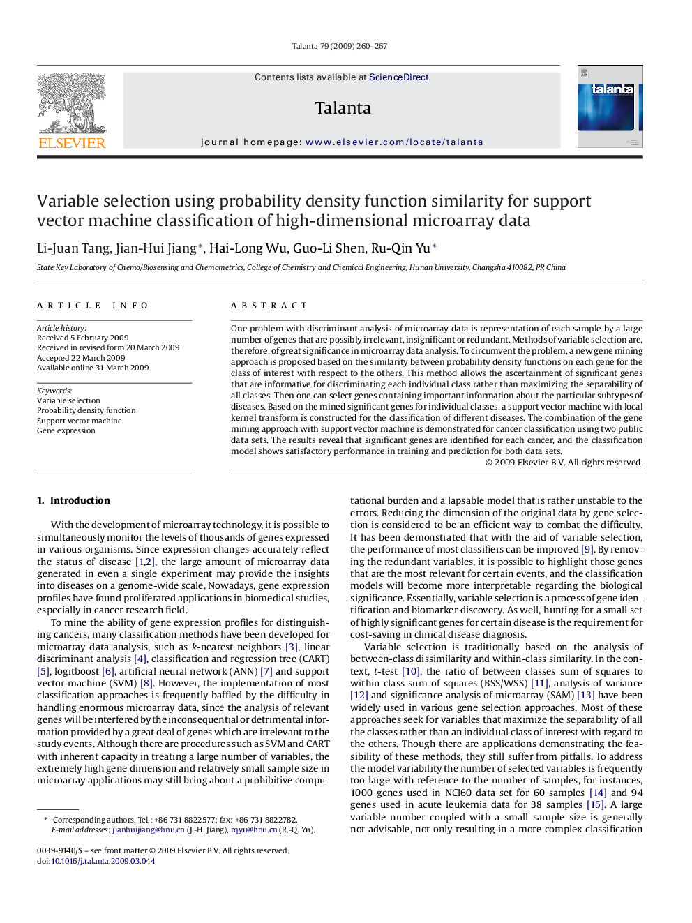 Variable selection using probability density function similarity for support vector machine classification of high-dimensional microarray data