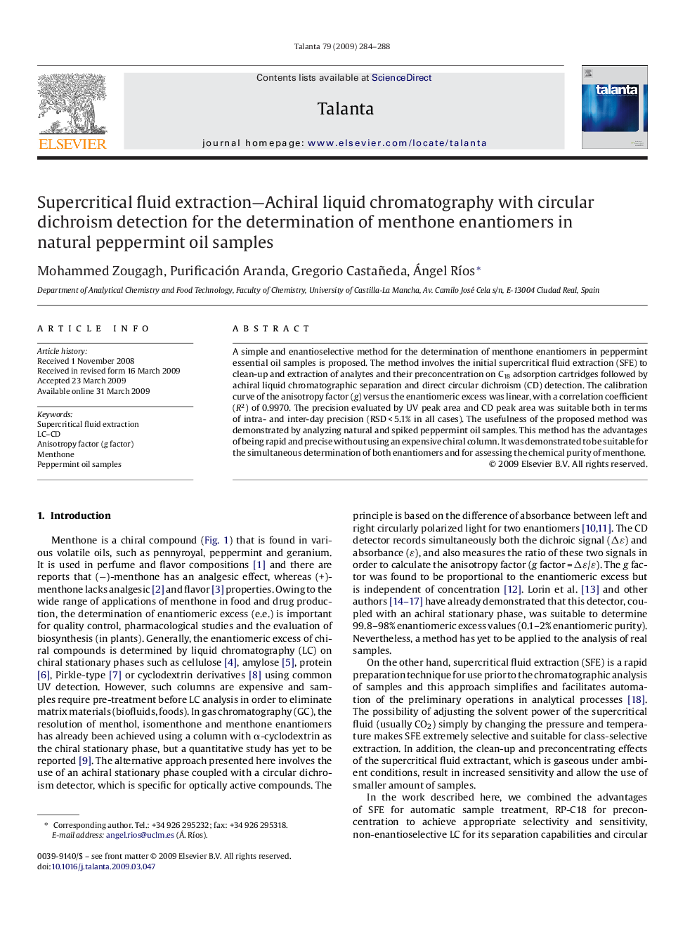 Supercritical fluid extraction—Achiral liquid chromatography with circular dichroism detection for the determination of menthone enantiomers in natural peppermint oil samples