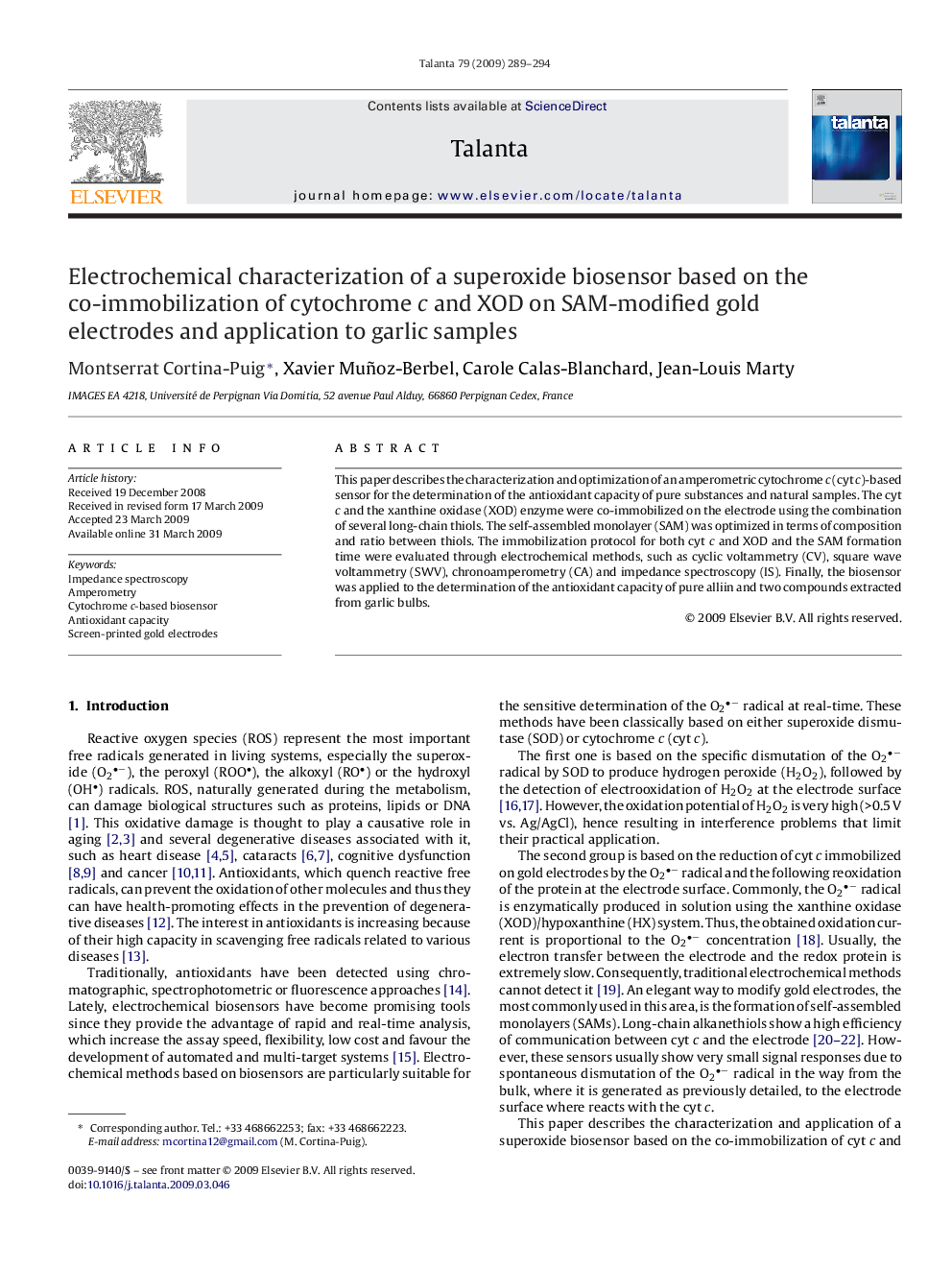 Electrochemical characterization of a superoxide biosensor based on the co-immobilization of cytochrome c and XOD on SAM-modified gold electrodes and application to garlic samples