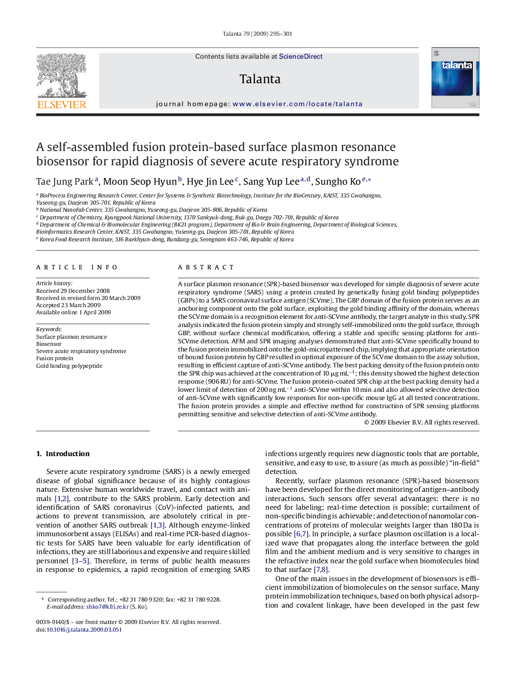 A self-assembled fusion protein-based surface plasmon resonance biosensor for rapid diagnosis of severe acute respiratory syndrome