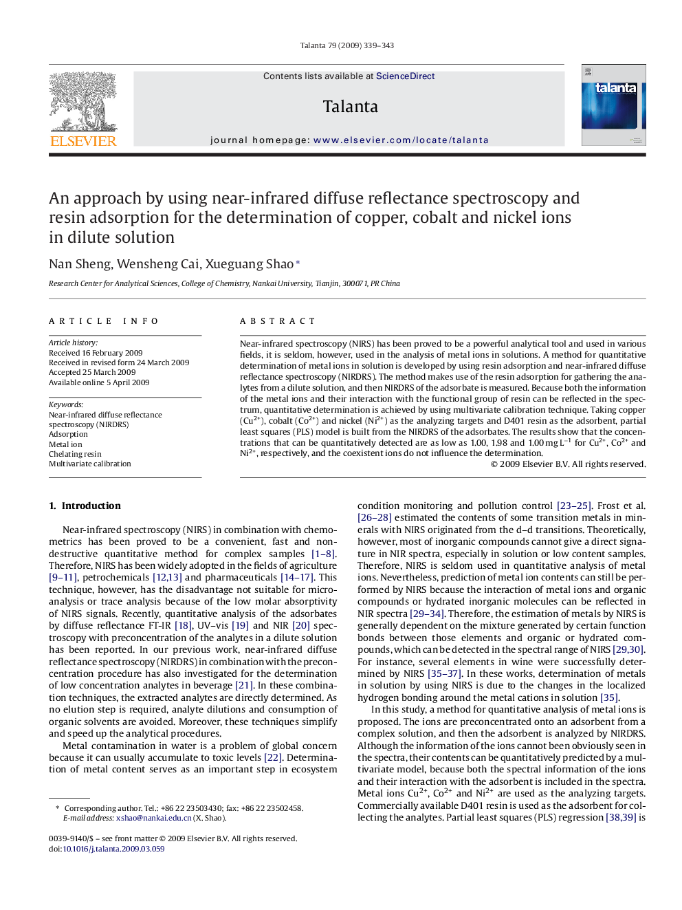 An approach by using near-infrared diffuse reflectance spectroscopy and resin adsorption for the determination of copper, cobalt and nickel ions in dilute solution