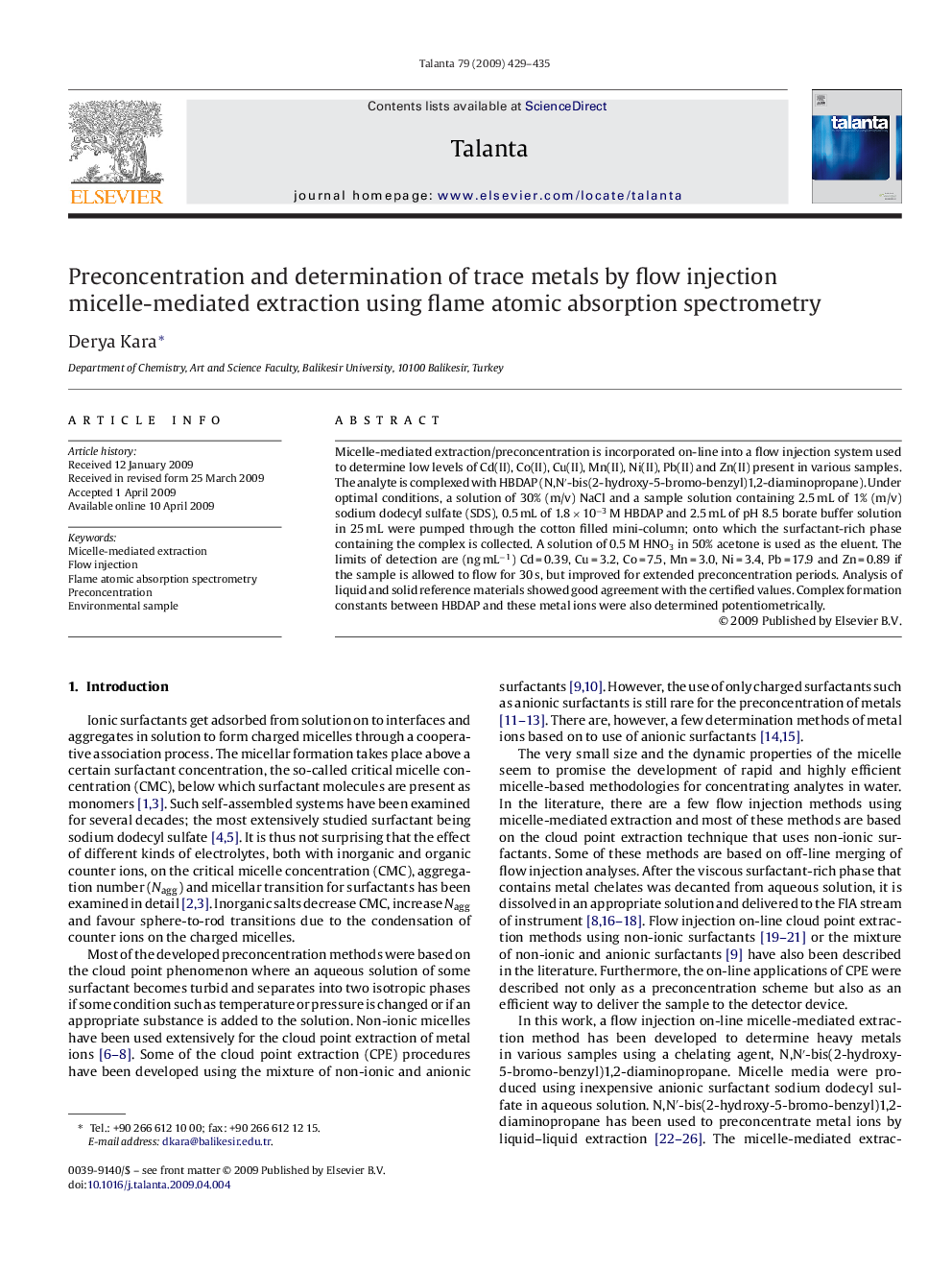 Preconcentration and determination of trace metals by flow injection micelle-mediated extraction using flame atomic absorption spectrometry