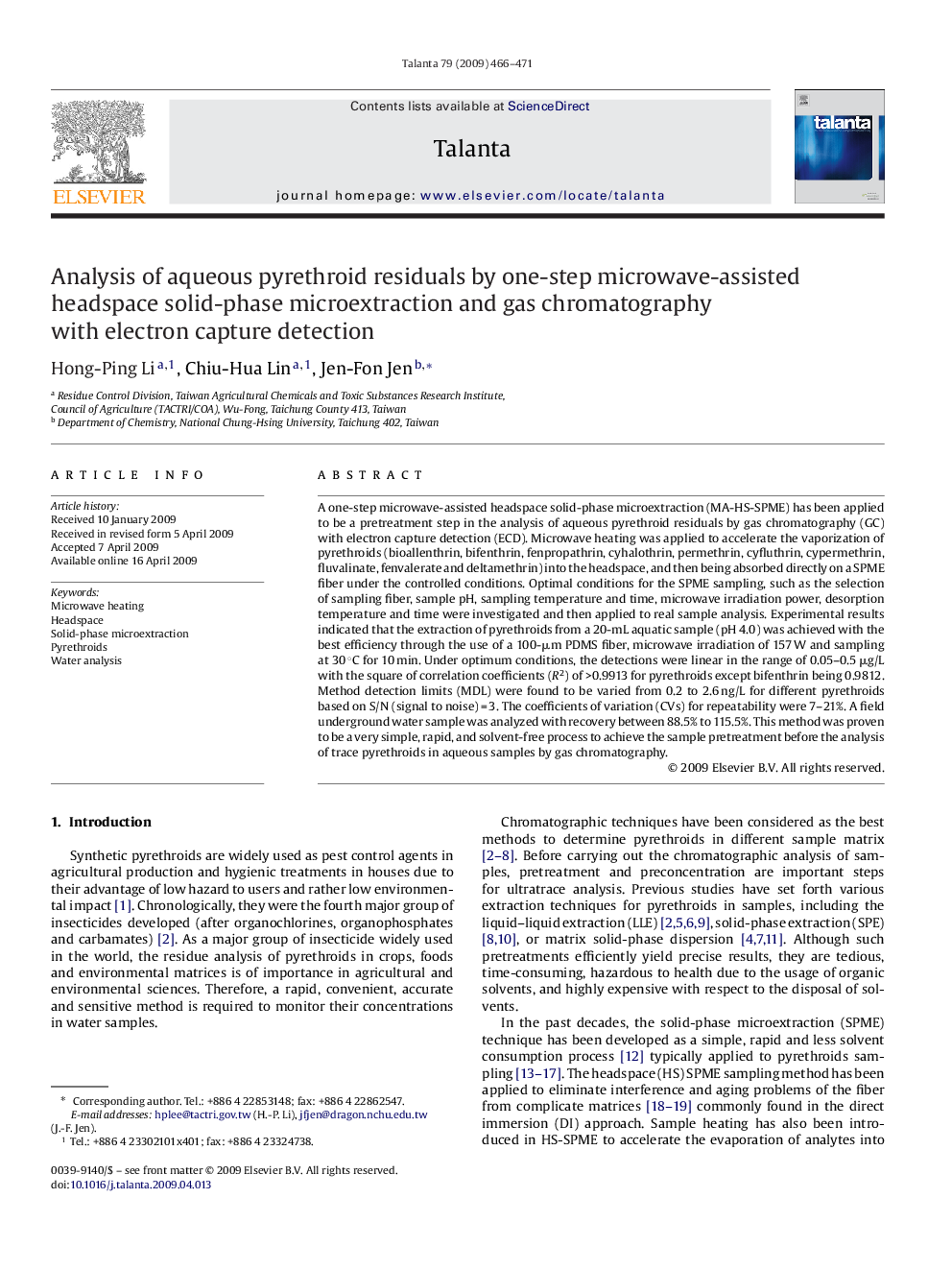 Analysis of aqueous pyrethroid residuals by one-step microwave-assisted headspace solid-phase microextraction and gas chromatography with electron capture detection