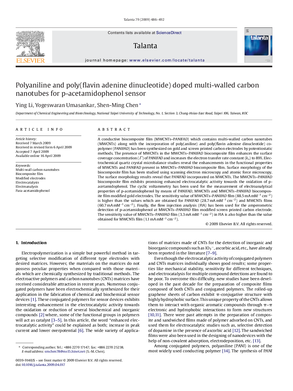 Polyaniline and poly(flavin adenine dinucleotide) doped multi-walled carbon nanotubes for p-acetamidophenol sensor