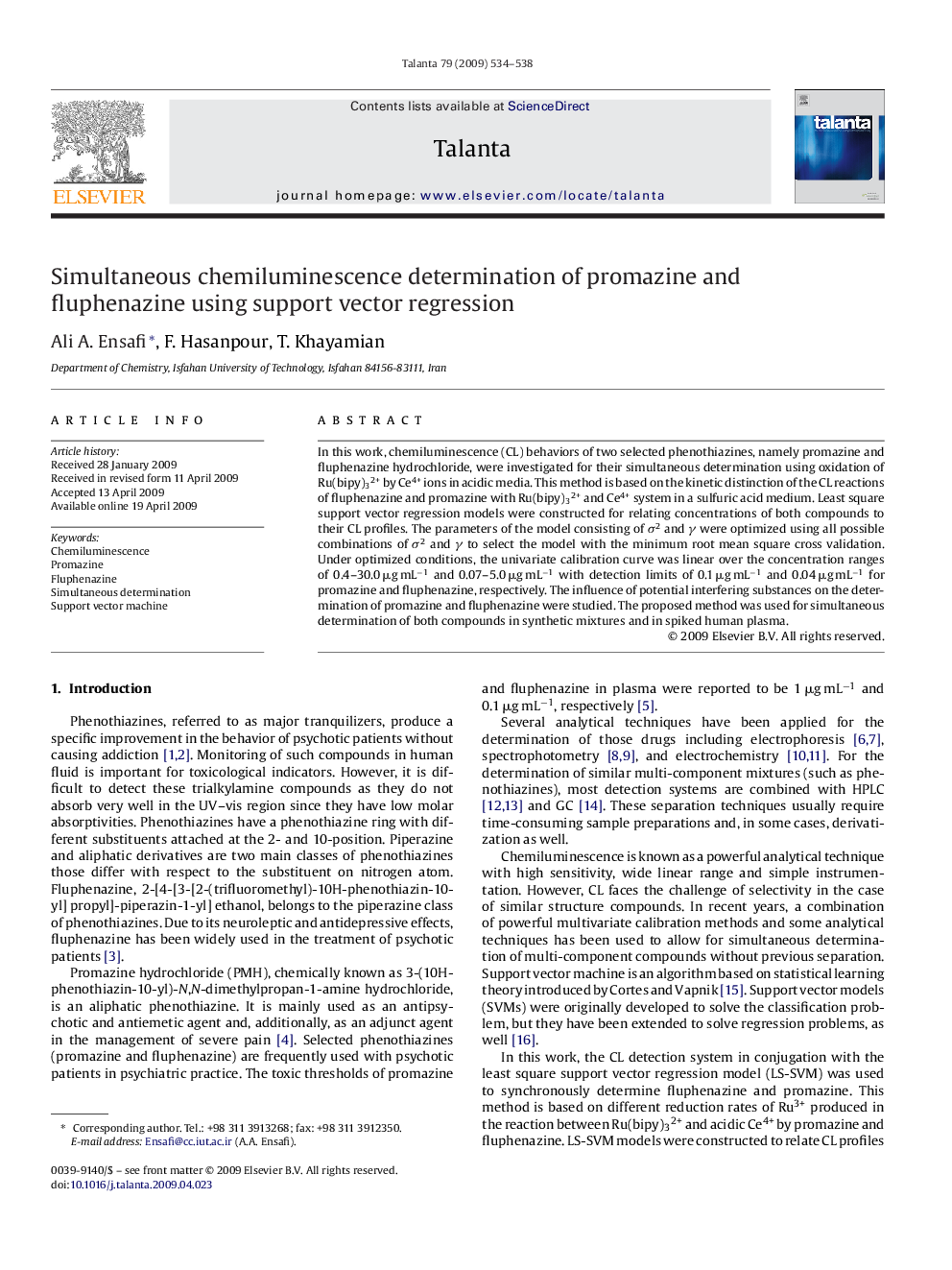 Simultaneous chemiluminescence determination of promazine and fluphenazine using support vector regression