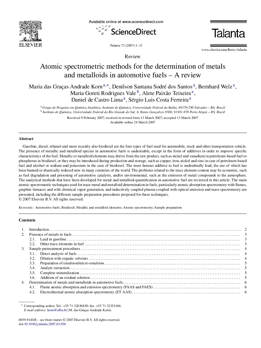 Atomic spectrometric methods for the determination of metals and metalloids in automotive fuels – A review