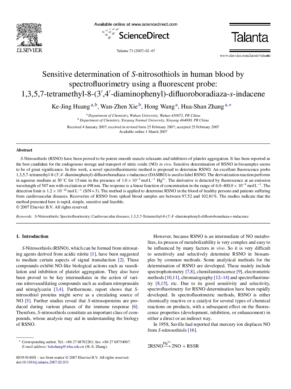 Sensitive determination of S-nitrosothiols in human blood by spectrofluorimetry using a fluorescent probe: 1,3,5,7-tetramethyl-8-(3′,4′-diaminophenyl)-difluoroboradiaza-s-indacene
