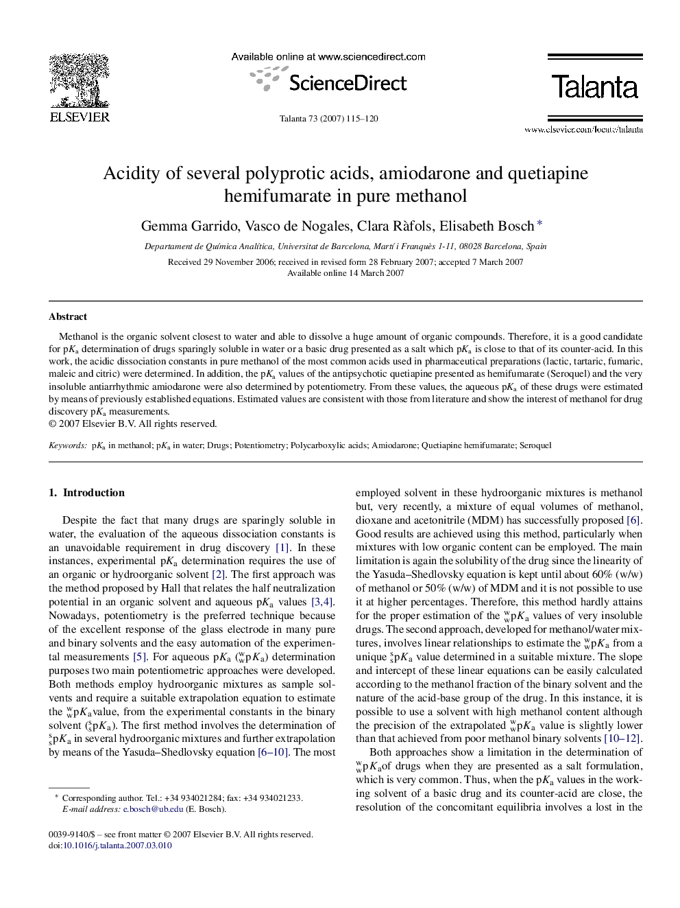 Acidity of several polyprotic acids, amiodarone and quetiapine hemifumarate in pure methanol