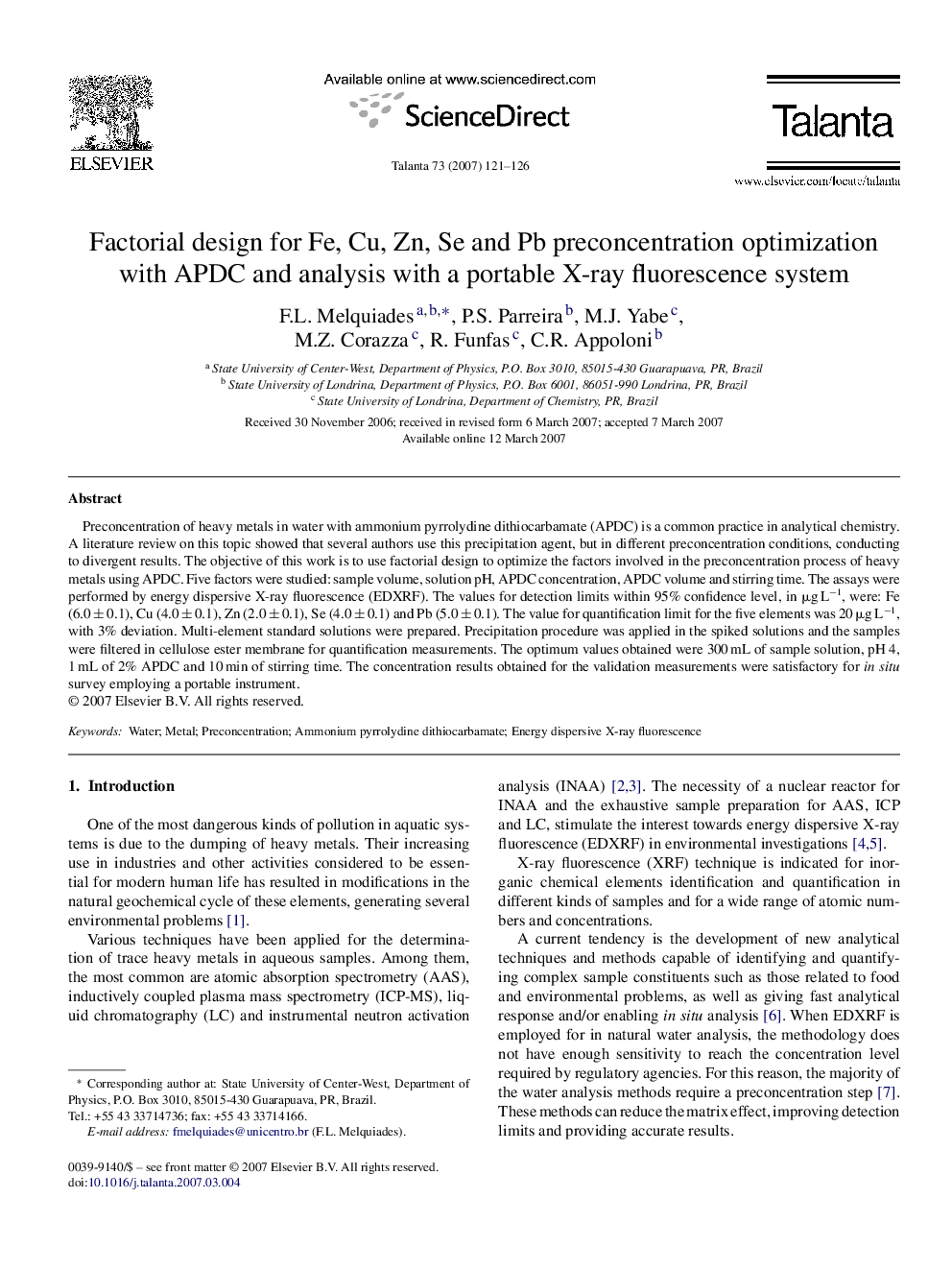 Factorial design for Fe, Cu, Zn, Se and Pb preconcentration optimization with APDC and analysis with a portable X-ray fluorescence system