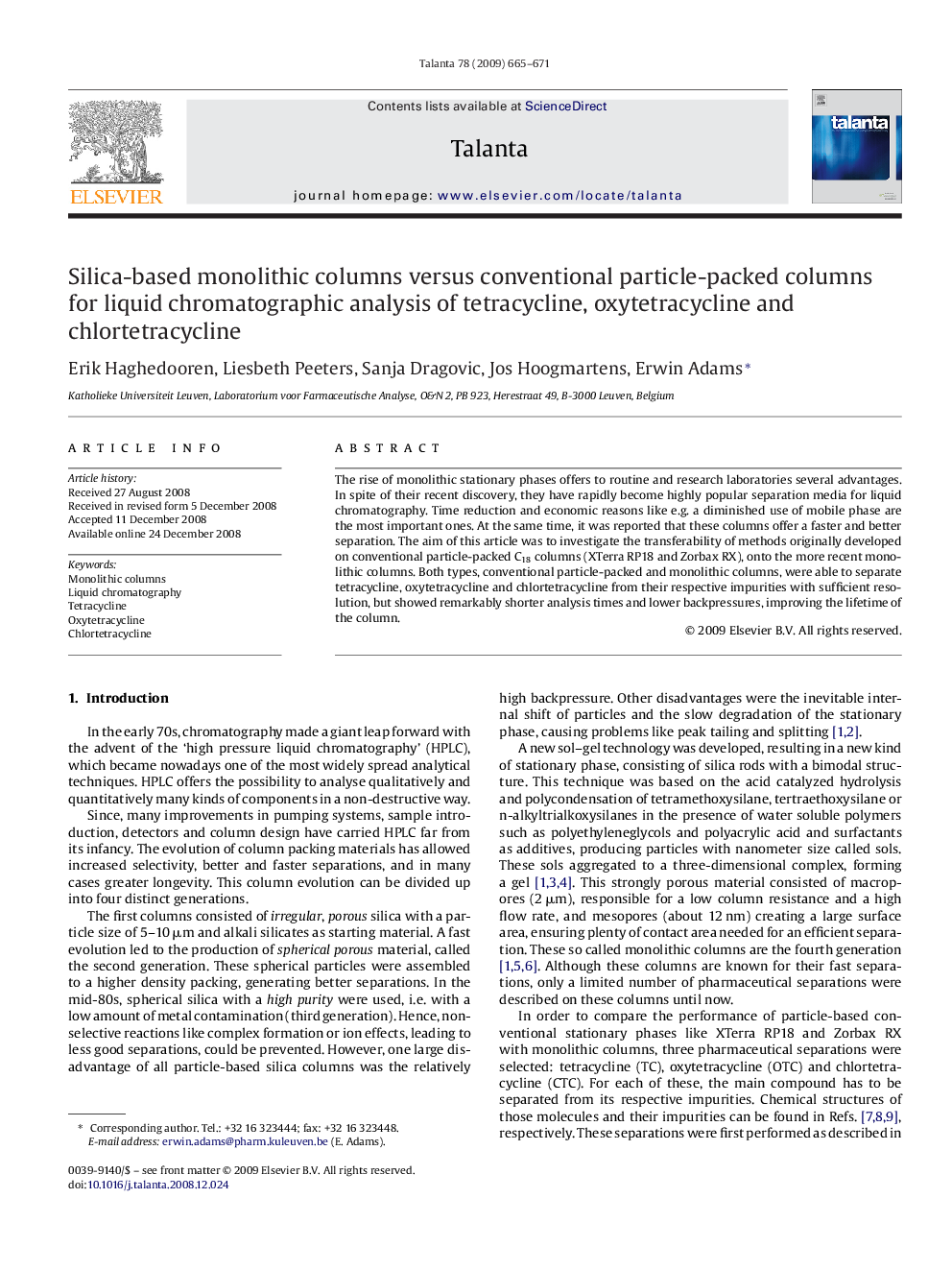 Silica-based monolithic columns versus conventional particle-packed columns for liquid chromatographic analysis of tetracycline, oxytetracycline and chlortetracycline