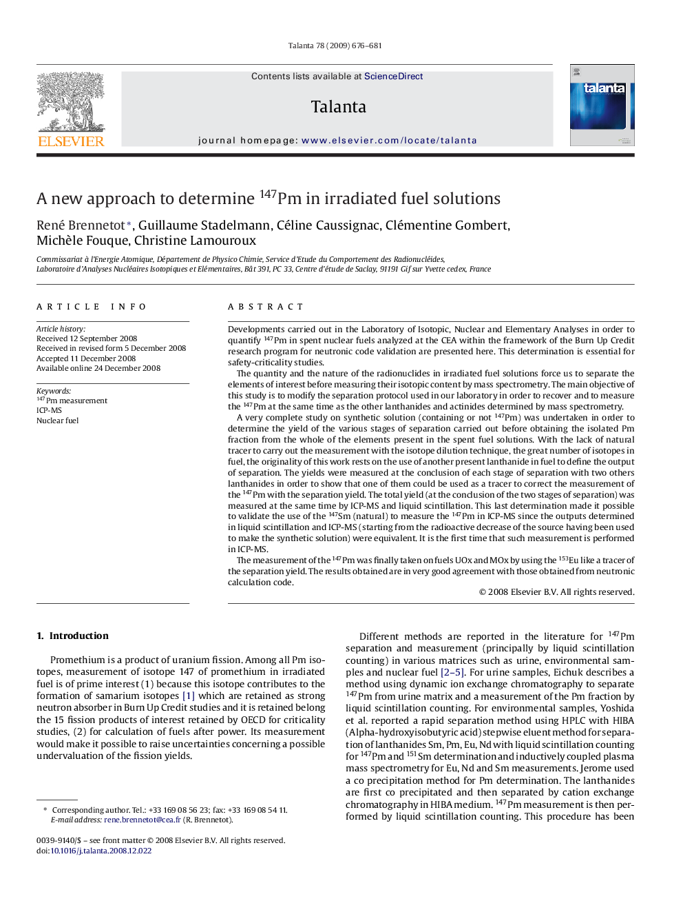 A new approach to determine 147Pm in irradiated fuel solutions