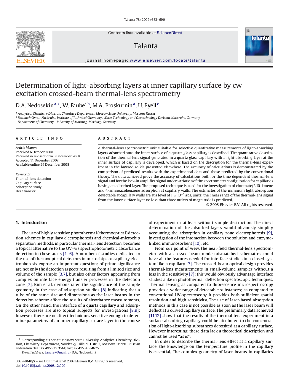 Determination of light-absorbing layers at inner capillary surface by cw excitation crossed-beam thermal-lens spectrometry