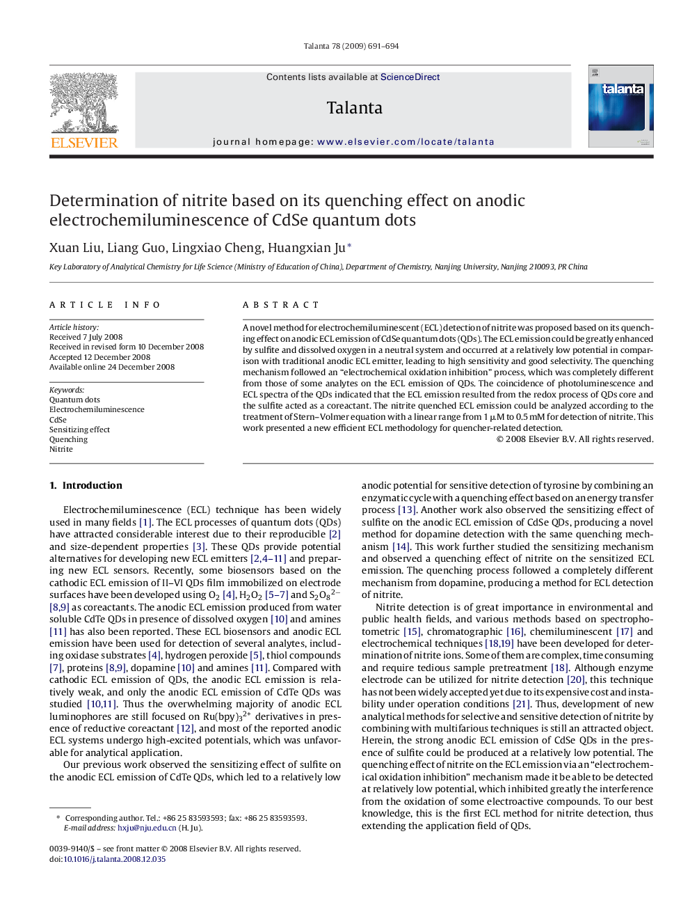 Determination of nitrite based on its quenching effect on anodic electrochemiluminescence of CdSe quantum dots