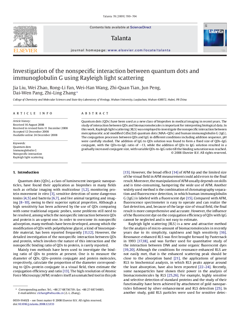 Investigation of the nonspecific interaction between quantum dots and immunoglobulin G using Rayleigh light scattering