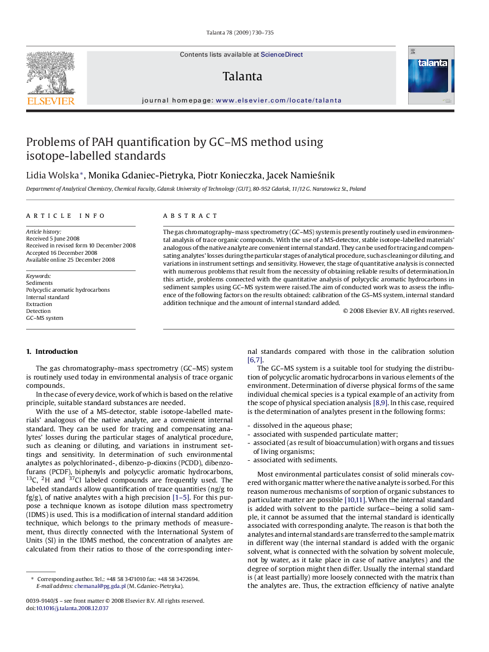 Problems of PAH quantification by GC–MS method using isotope-labelled standards