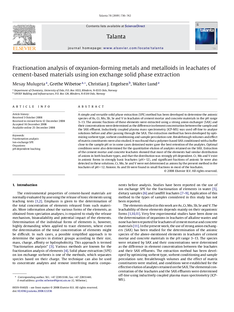 Fractionation analysis of oxyanion-forming metals and metalloids in leachates of cement-based materials using ion exchange solid phase extraction