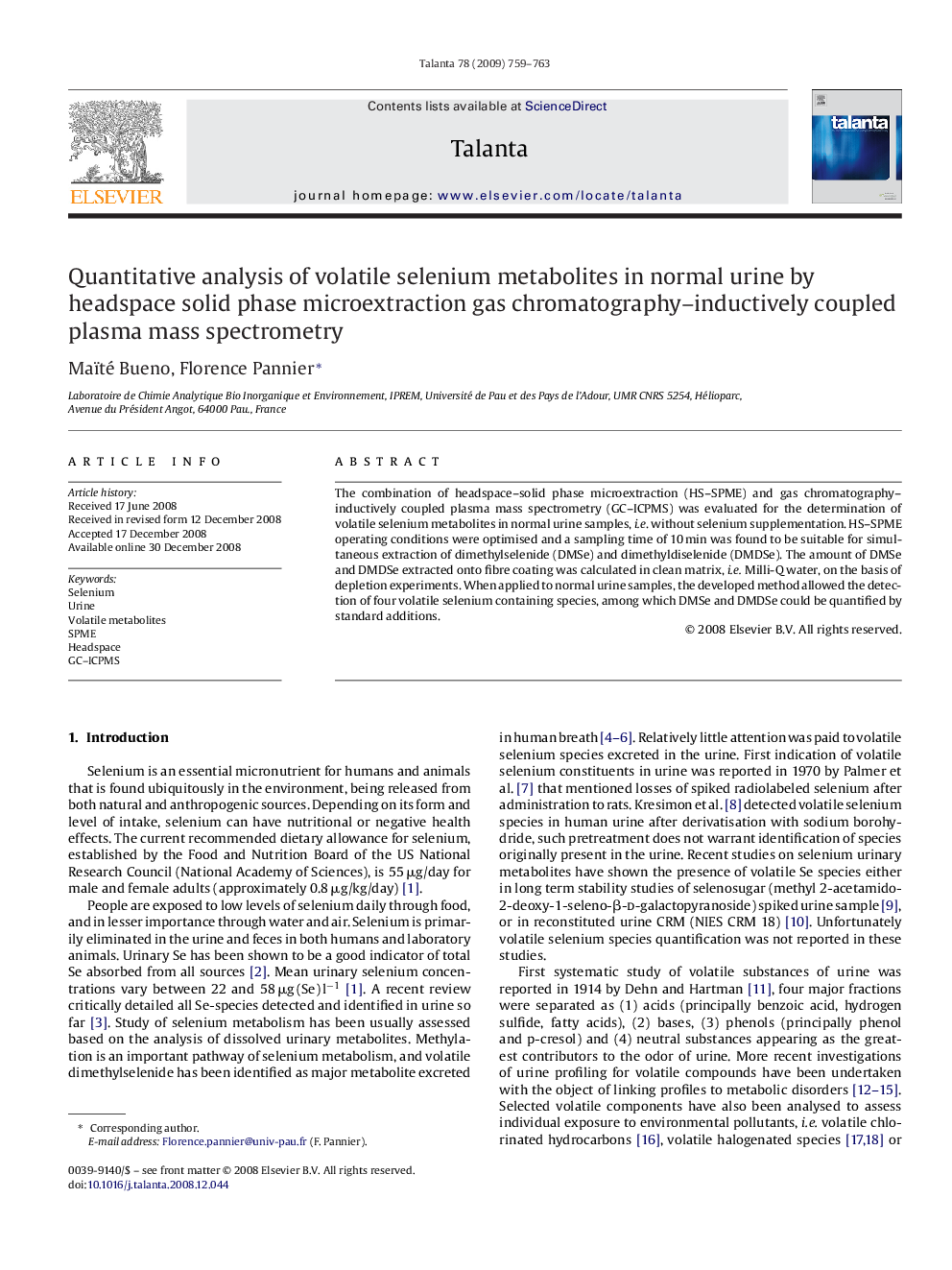 Quantitative analysis of volatile selenium metabolites in normal urine by headspace solid phase microextraction gas chromatography–inductively coupled plasma mass spectrometry